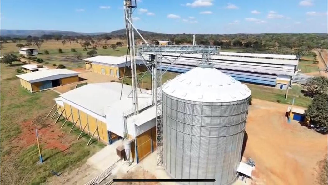 Vista aérea do silo e dos galpões da Granja OVO Brasil entre o verde de Paraopeba